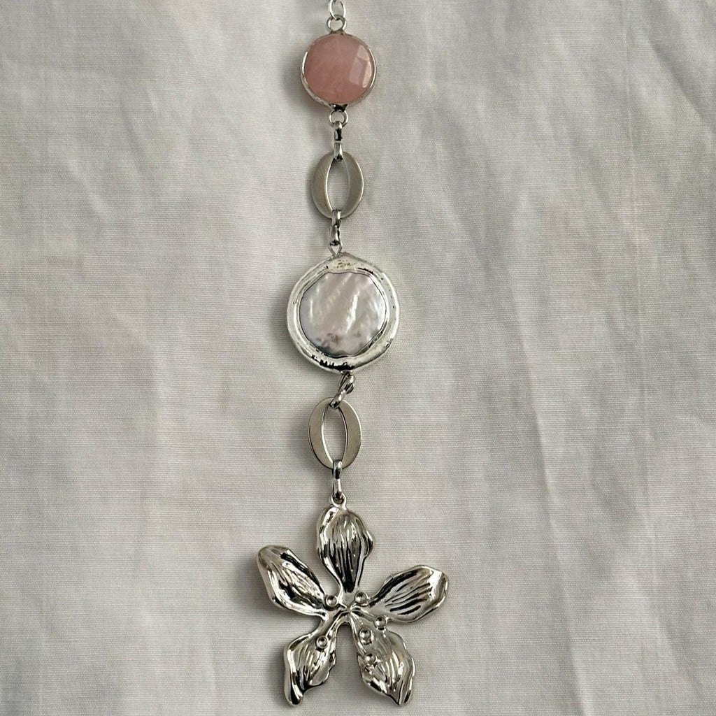 Floral Casscade Long Necklace Silver