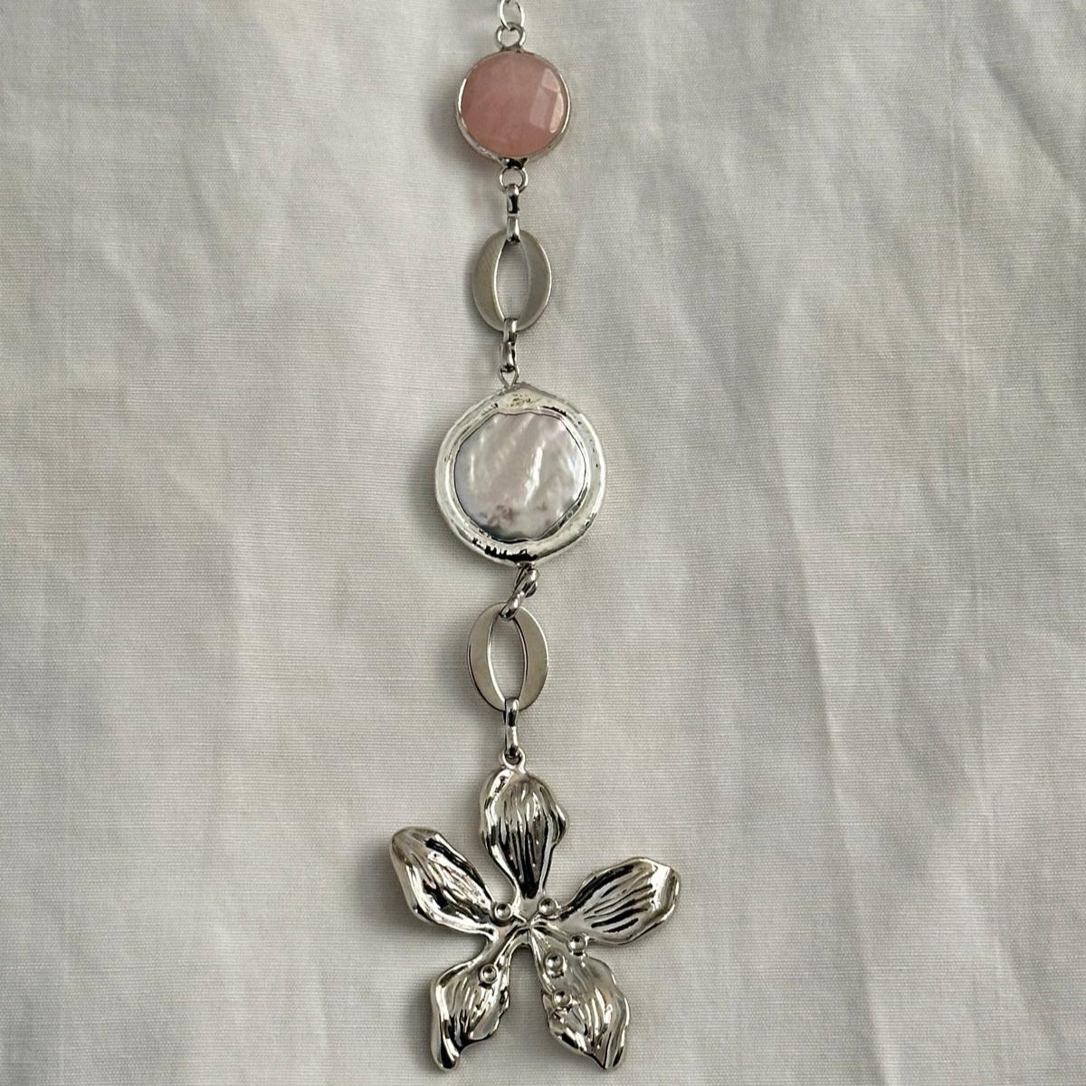 Floral Casscade Long Necklace Silver